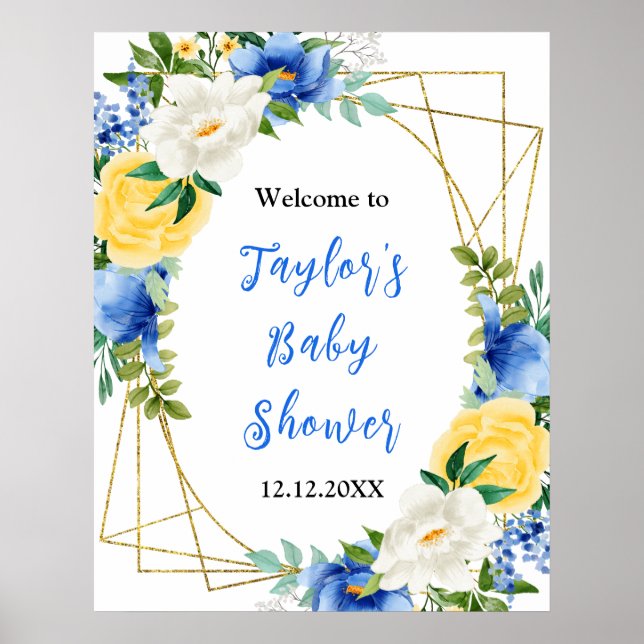 Póster Blue and Yellow Floral Baby Shower Welcome Sign (Frente)