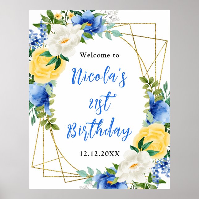 Póster Blue and Yellow Floral Birthday Welcome (Frente)