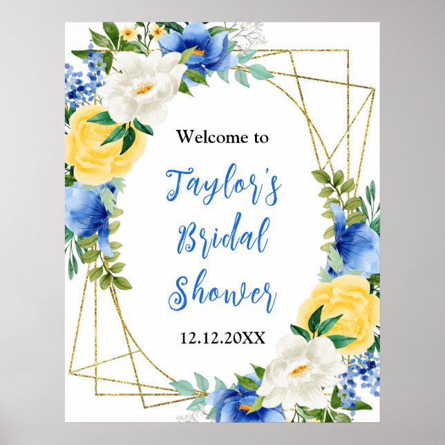 Póster Blue and Yellow Floral Bridal Shower Welcome Sign (Frente)