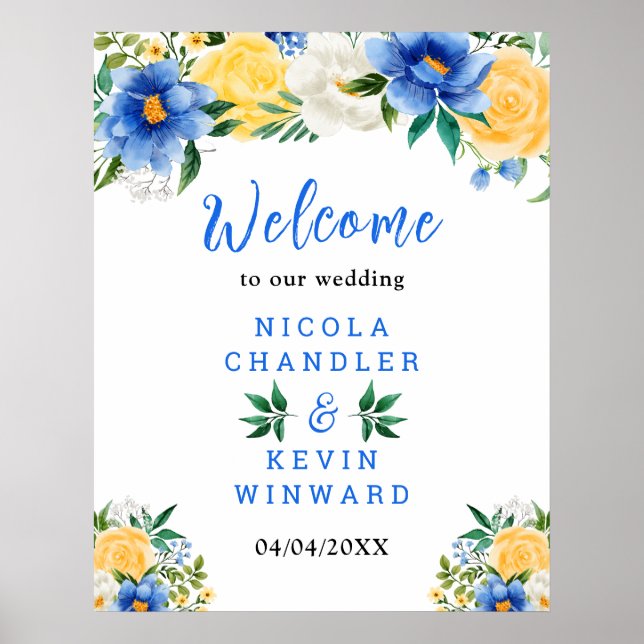 Póster Blue and Yellow Floral Wedding Welcome Sign (Frente)