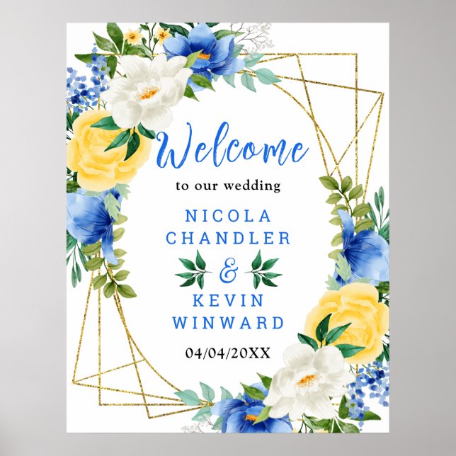 Póster Blue and Yellow Floral Wedding Welcome Sign (Frente)