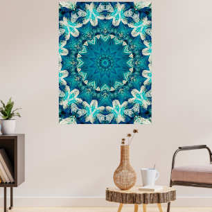 Póster Blue Aqua Mandala Rosette Retro Hippie
