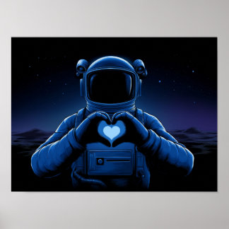 Póster Blue Astronaut Making Heart Sign on Alien Moon