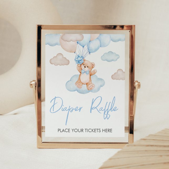Póster Blue Baby Bear Balloon Baby Shower Diaper Raffle (Blue Bear Balloon Baby Shower Diaper Raffle Sign)