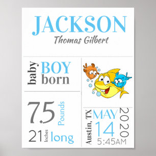 Póster Blue Baby Birth Stat Sign with Baby Shark