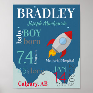 Póster Blue Baby Birth Stats Sign with Red Space Rocket
