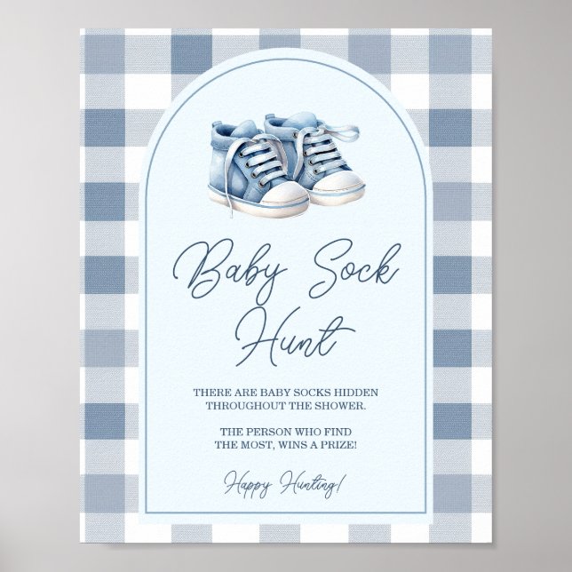 Póster Blue Baby Shoes Gingham Baby Shower Baby Sock Hunt (Frente)