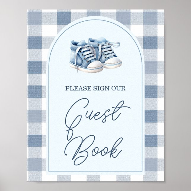 Póster Blue Baby Shoes Gingham Baby Shower Guest Book (Frente)