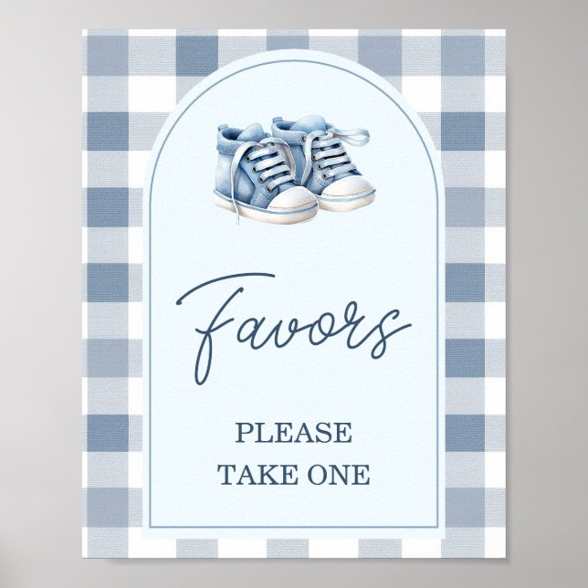 Póster Blue Baby Shoes Gingham Booties Baby Shower Favors (Frente)