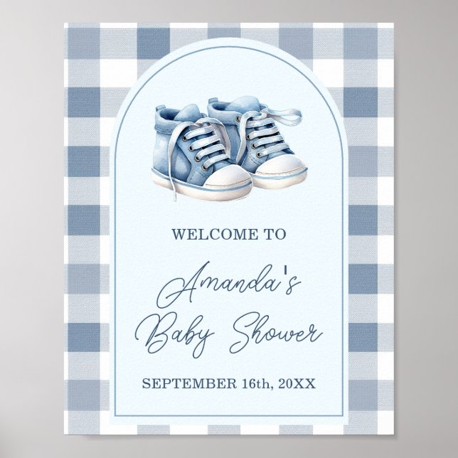 Póster Blue Baby Shoes Gingham Boy Baby Shower Welcome (Frente)