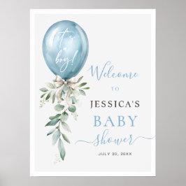 Póster Blue Balloon Bow Greenery Baby Shower Welcome