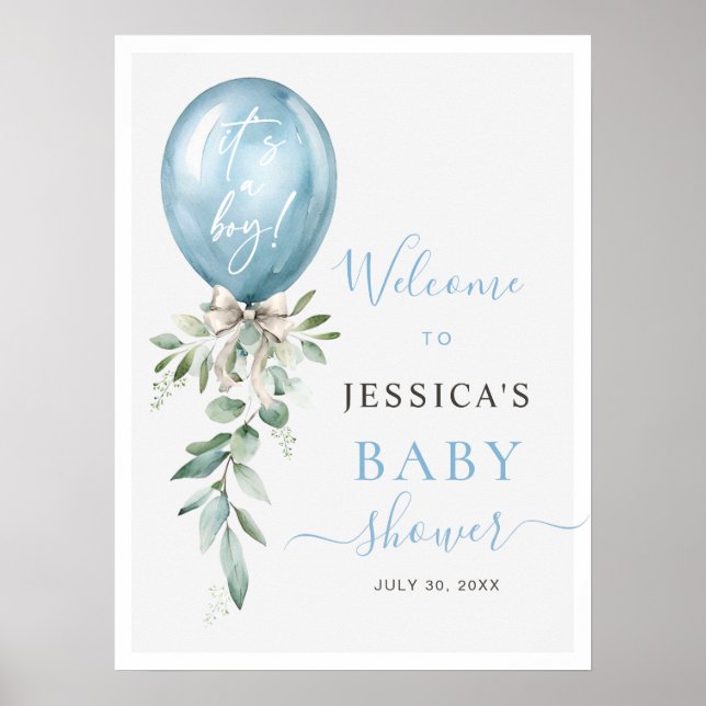 Póster Blue Balloon Bow Greenery Baby Shower Welcome (Frente)