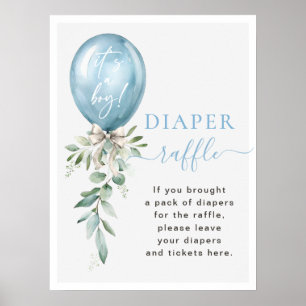 Póster Blue Balloon Greenery Baby Shower Diaper Raffle