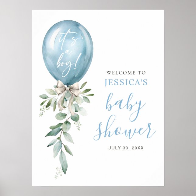 Póster Blue Balloon Greenery Baby Shower Welcome (Frente)