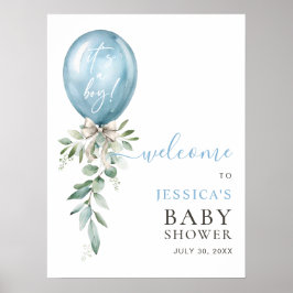 Póster Blue Balloon Greenery Bow Baby Shower Welcome