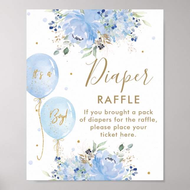 Póster Blue Balloons Floral Boy Baby Shower Diaper Raffle (Frente)