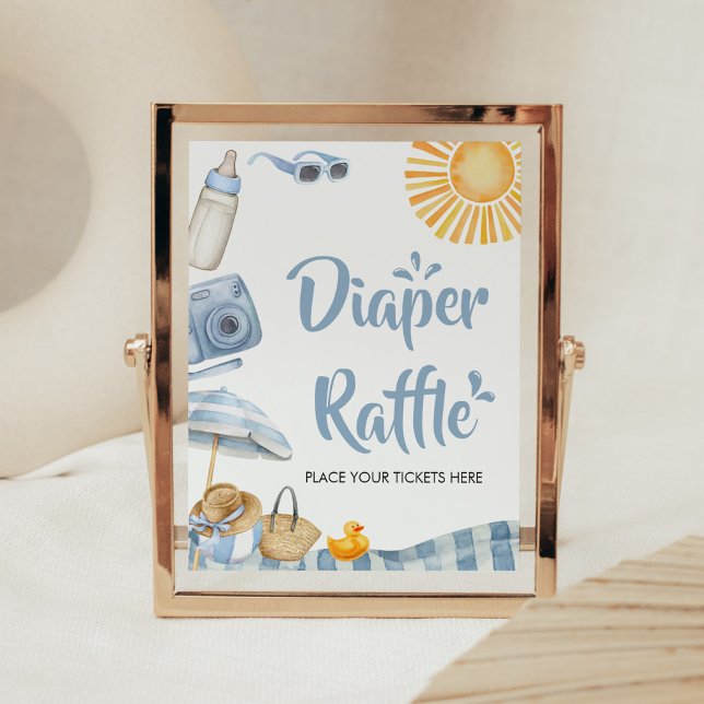 Póster Blue Beach Summer Baby Shower Diaper Raffle (Boy Splish Splash Baby Shower Diaper Raffle Sign)