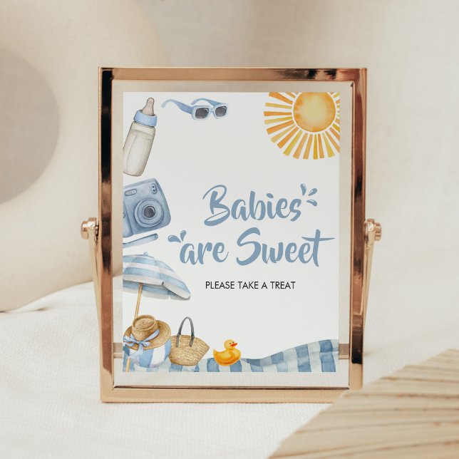 Póster Blue Beach Summer Baby Shower Los bebés son dulces (Boy Splish Splash Baby Shower Babies are Sweet Sign)