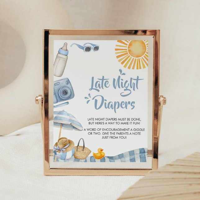 Póster Blue Beach Summer Baby Shower Tarde Diapers (Boy Splish Splash Baby Shower Late Night Diapers Sign)