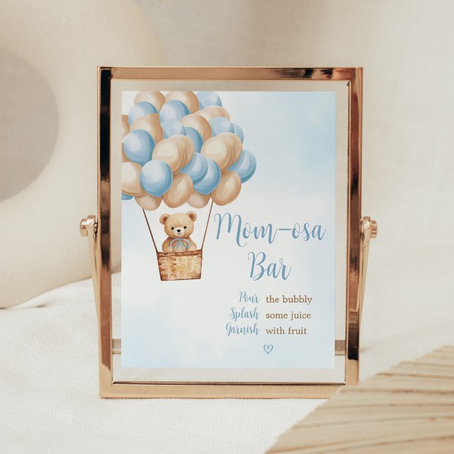 Póster Blue Bear Hot Air Balloon Baby Shower Mom Osa Bar (Boy Boho Bear Baby Shower Mom Osa Bar Sign)