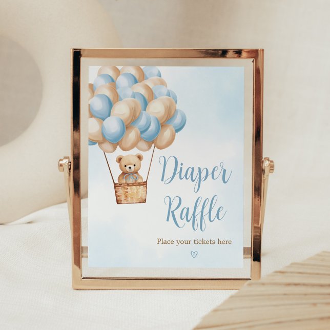 Póster Blue Bear Hot Air Balloon Diaper Raffle (Boy Boho Bear Baby Shower Diaper Raffle Sign)