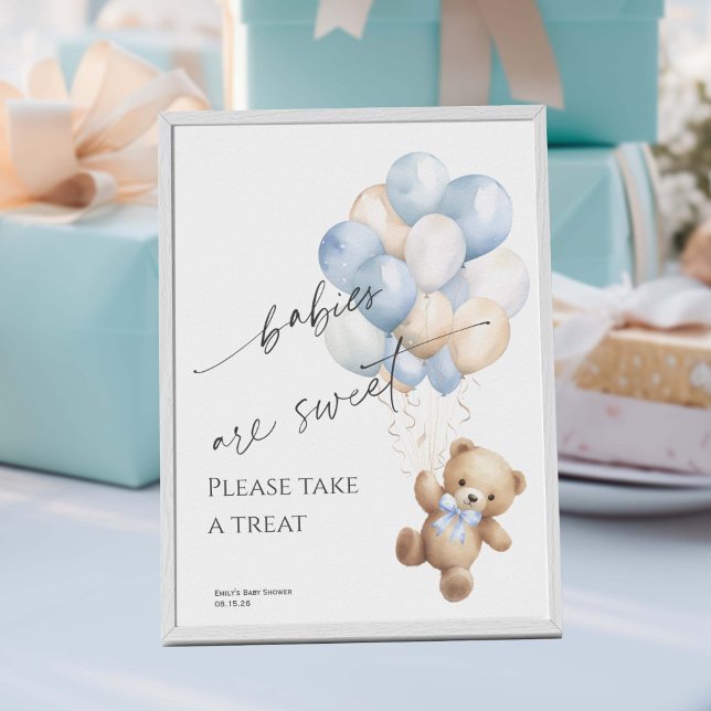 Póster Blue Bearly Wait Baby Boy Shower Treower Rótulo (Blue Bearly wait, Baby Boy Shower Favor Sign.)