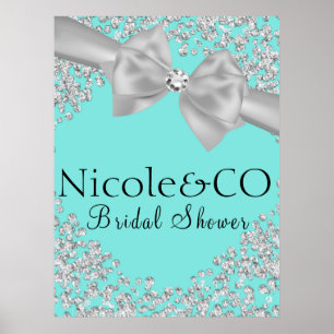 Póster Blue Big White Bow Diamonds Bridal Shower