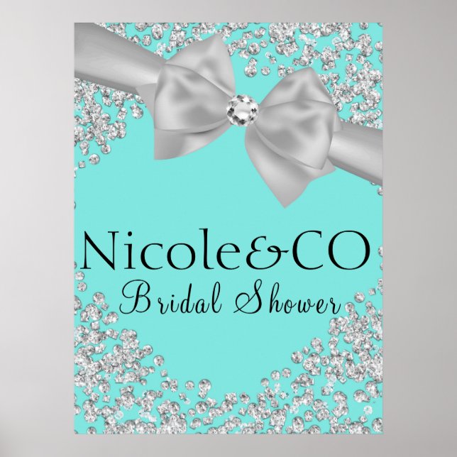 Póster Blue Big White Bow Diamonds Bridal Shower (Frente)