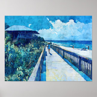 Póster Blue Boardwalk Stroll Beach Watercolor Poster