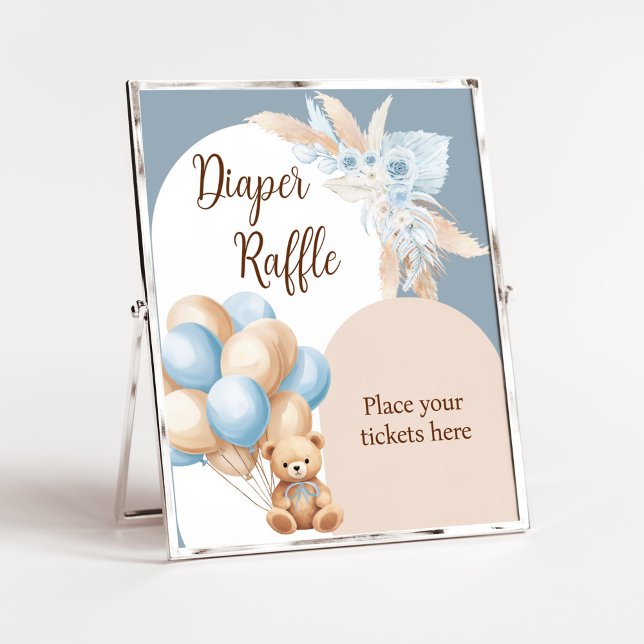 Póster Blue Boho Bear Balloon Baby Shower Diaper Raffle (Boy Bear Arch Balloon Baby Shower Diaper Raffle Sign)
