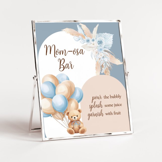 Póster Blue Boho Bear Balloon Baby Shower Mom Osa Bar (Boy Bear Arch Balloon Baby Shower Mom Osa Bar Sign)