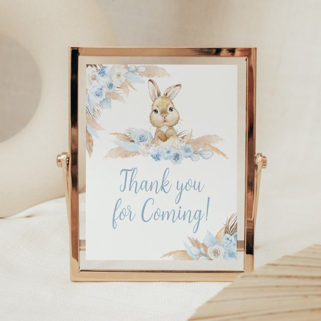 Póster Blue Boho Bunny Baby Shower Gracias por venir (Pampas Grass Boy Bunny Baby Shower Thank you for Coming Sign)