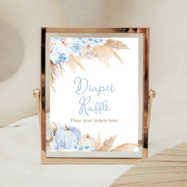 Póster Blue Boho Calabaza Baby Shower Diaper Raffle (Boy Little Pumpkin Baby Shower Diaper Raffle Sign)