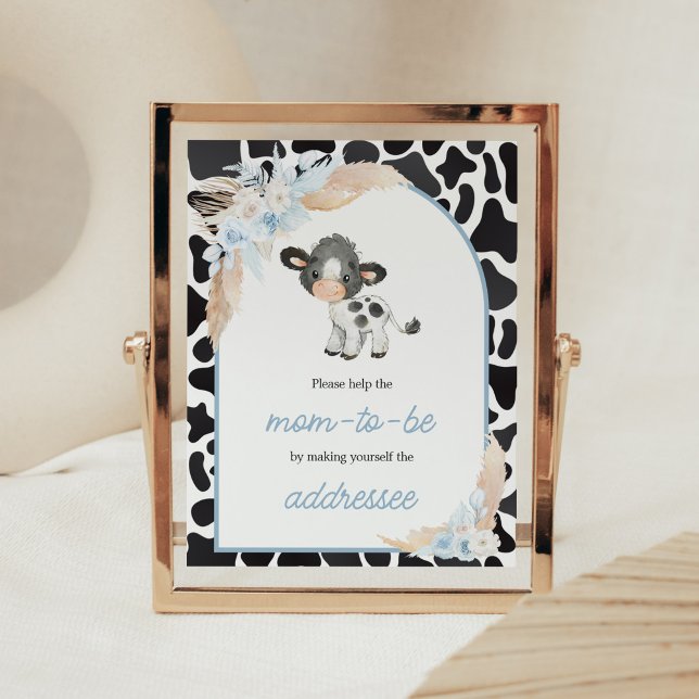 Póster Blue Boho Highland Cow Baby Envelope Station (Bohemian Floral Farm Baby Shower Envelope Station Sign)