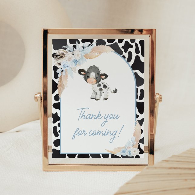 Póster Blue Boho Highland Cow Baby Gracias por venir (Bohemian Floral Farm Baby Shower Thank you for Coming Sign)