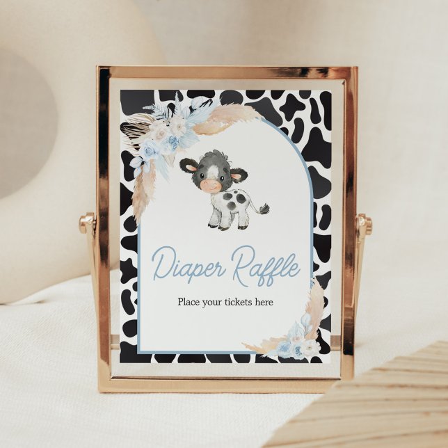 Póster Blue Boho Highland Cow Baby Shower Diaper Raffle (Bohemian Floral Farm Baby Shower Diaper Raffle Sign)