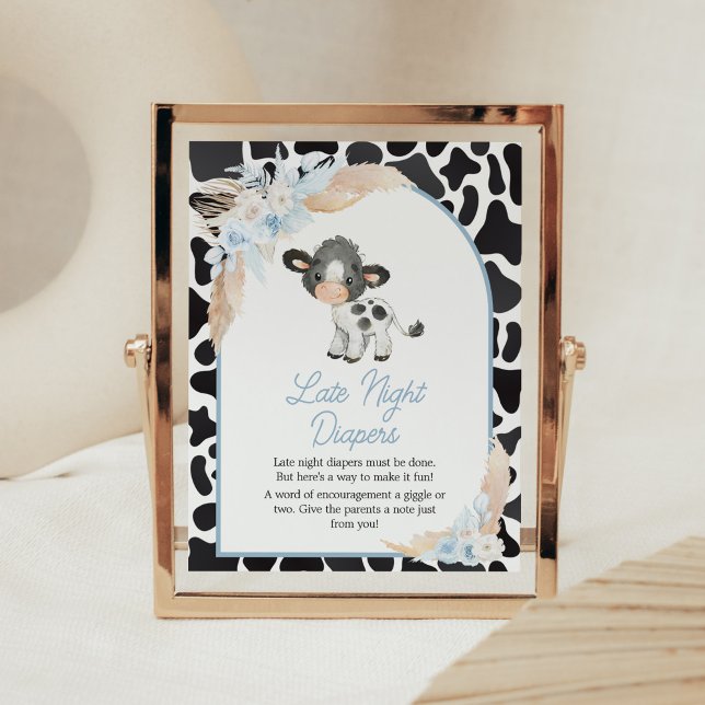Póster Blue Boho Highland Cow Baby Tarde Noche Diapers (Bohemian Floral Farm Baby Shower Late Night Diapers Sign)