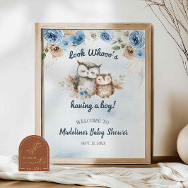 Póster Blue Boho Owl Baby Shower