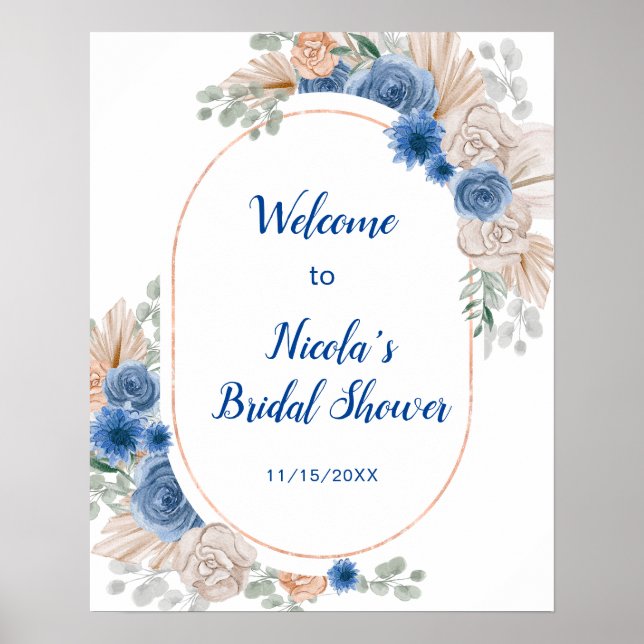 Póster Blue Boho Pampas Grass Bridal Shower (Frente)