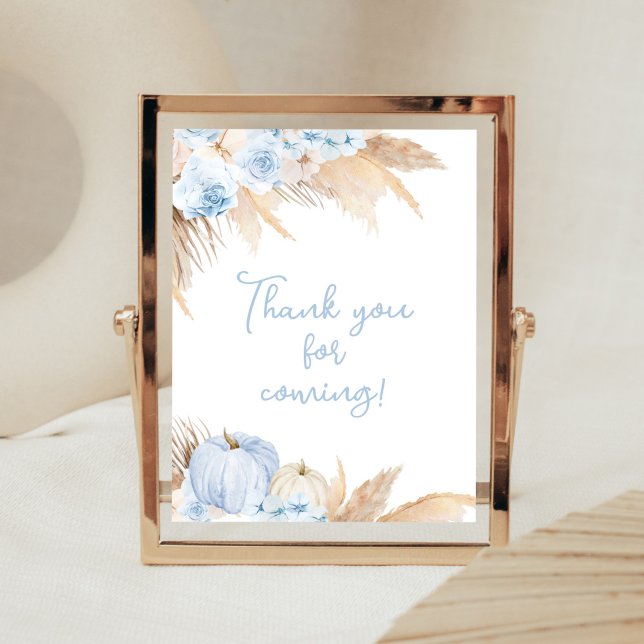 Póster Blue Boho Pumpkin Baby Shower Gracias por venir (Boy Little Pumpkin Baby Shower Thank You for Coming Sign)
