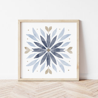 Póster Blue Boho Watercolor Mandala Art