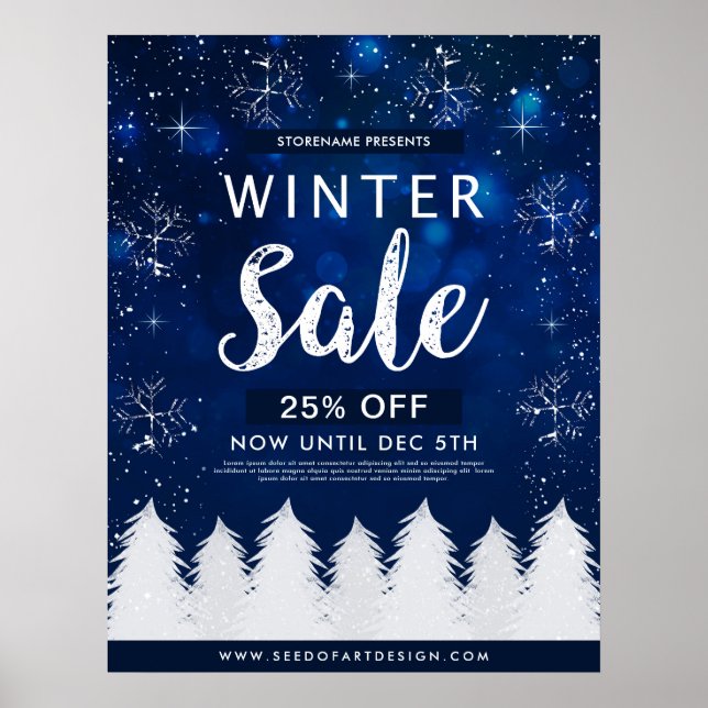 Póster Blue Bokeh Snowy Winter Sale Anuncio Comercial (Frente)