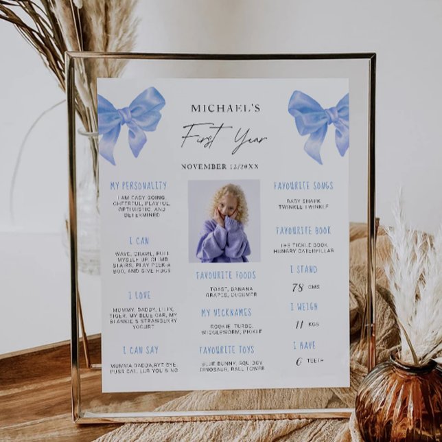 Póster Blue Bow 1ª tabla de hitos de cumpleaños (Blue Bow 1st Birthday Milestone Board Poster)