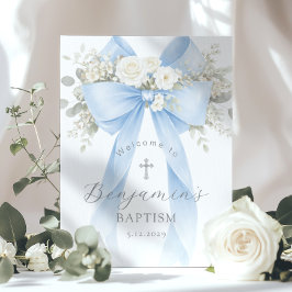 Póster Blue Bow Baby Boy Baptism Elegant Welcome