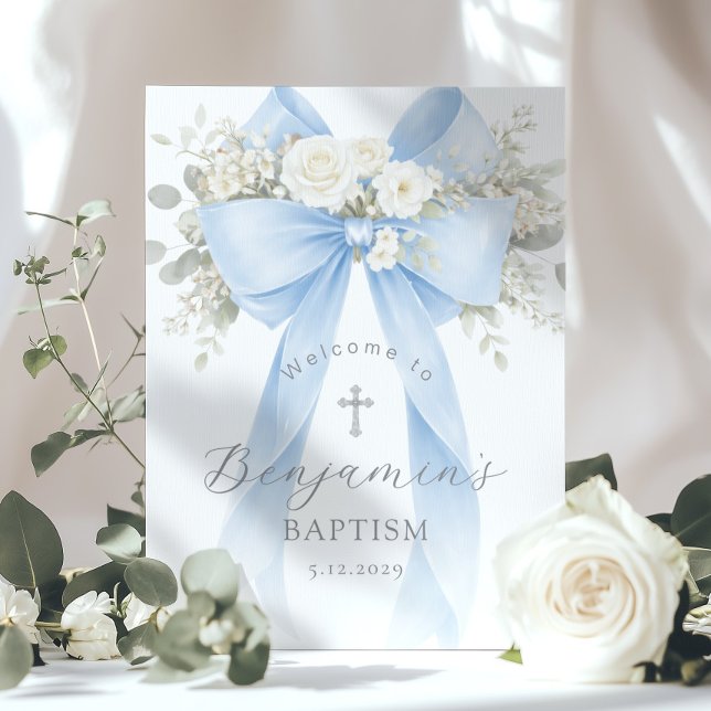 Póster Blue Bow Baby Boy Baptism Elegant Welcome (Subido por el creador)