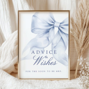 Póster Blue Bow Bridal Shower Consejos y Rótulo de mesa d