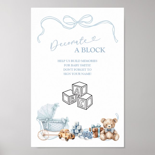 Póster Blue Bow Carriage Baby Shower Decorate Block Sign (Frente)