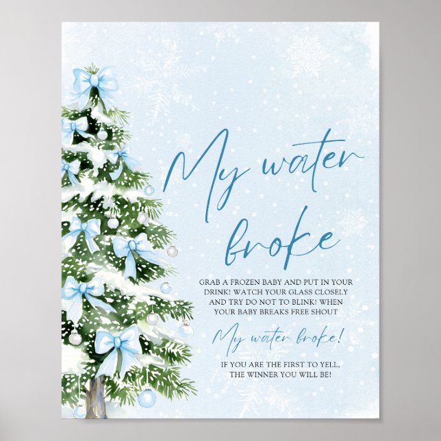 Póster Blue Bow Christmas Tree My Water Broke Baby Shower (Frente)