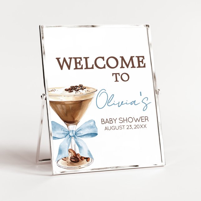 Póster Blue Bow Espresso Martini Baby Shower Welcome Sign (Espresso Baby Shower Sign)