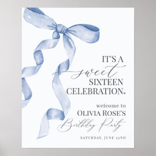 Póster Blue Bow Sweet 16 Birday Party Welcome Sign